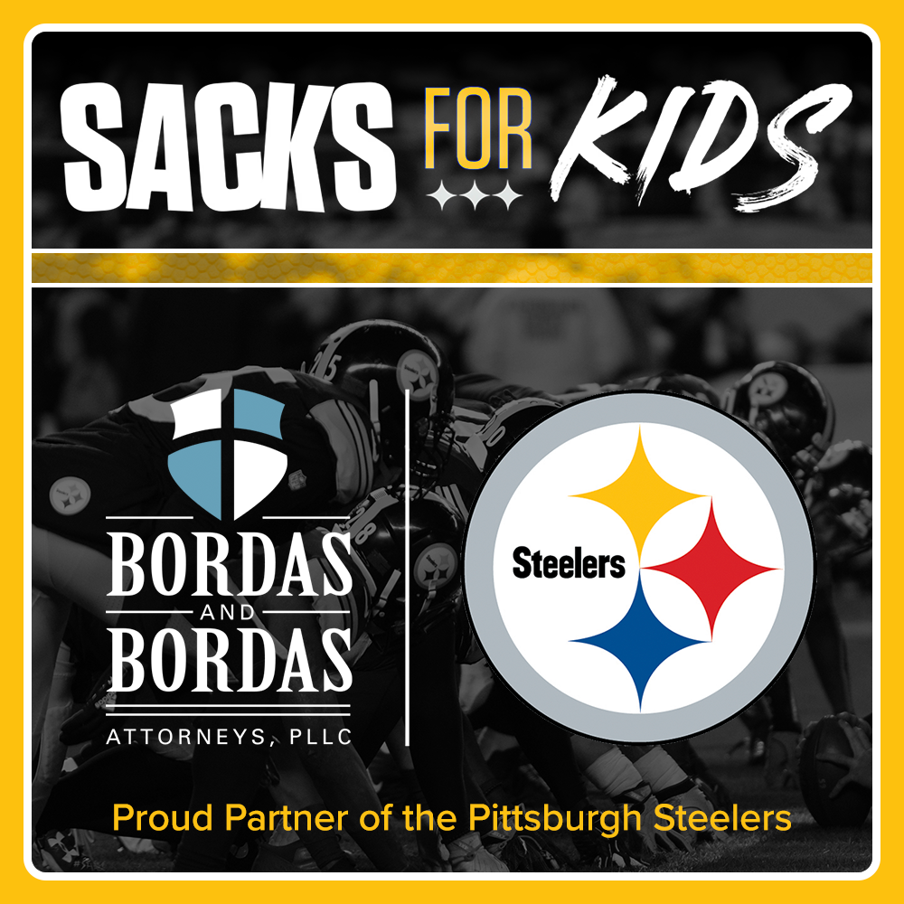 A promotional graphic features the 'Sacks for Kids' logo alongside the Pittsburgh Steelers emblem and attorney branding.
