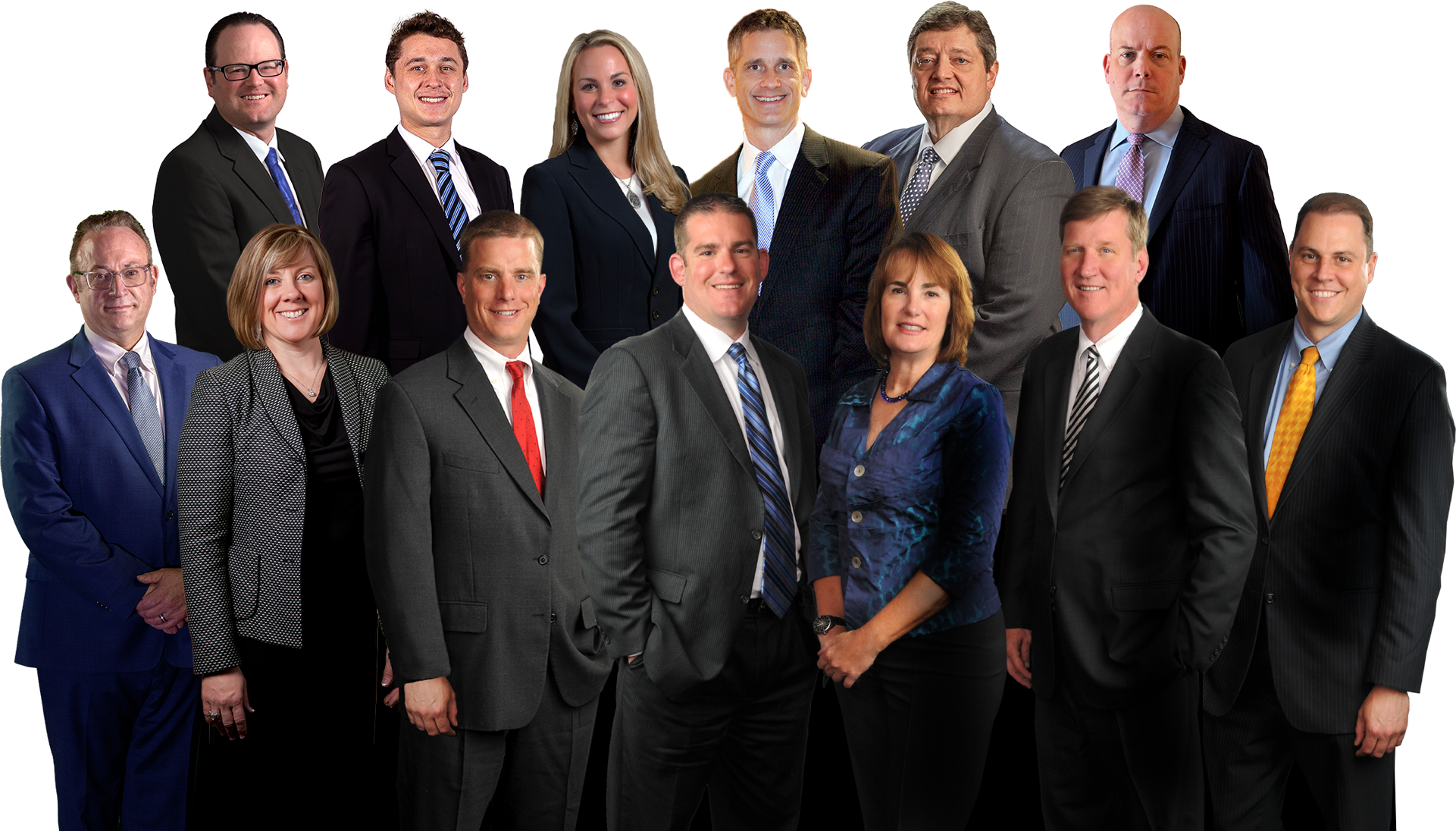 Group portrait of 14 smiling professionals, 10 men and 4 women, in business attire on a black background.