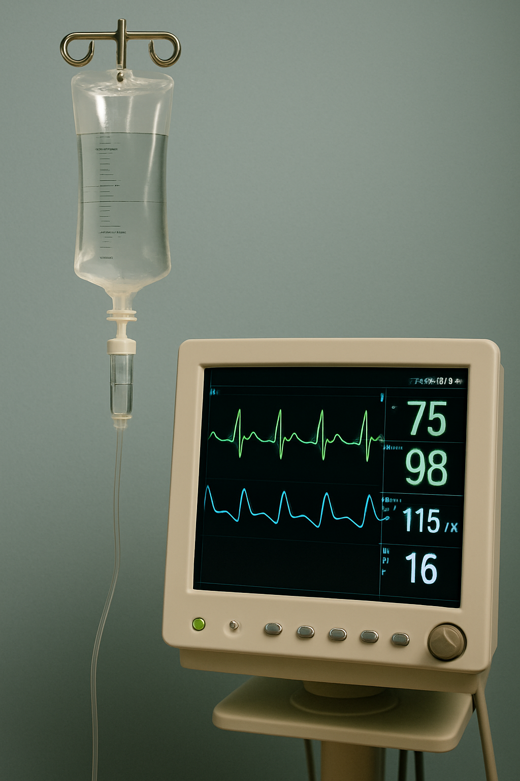 Medical equipment showing IV bag and vital signs monitor